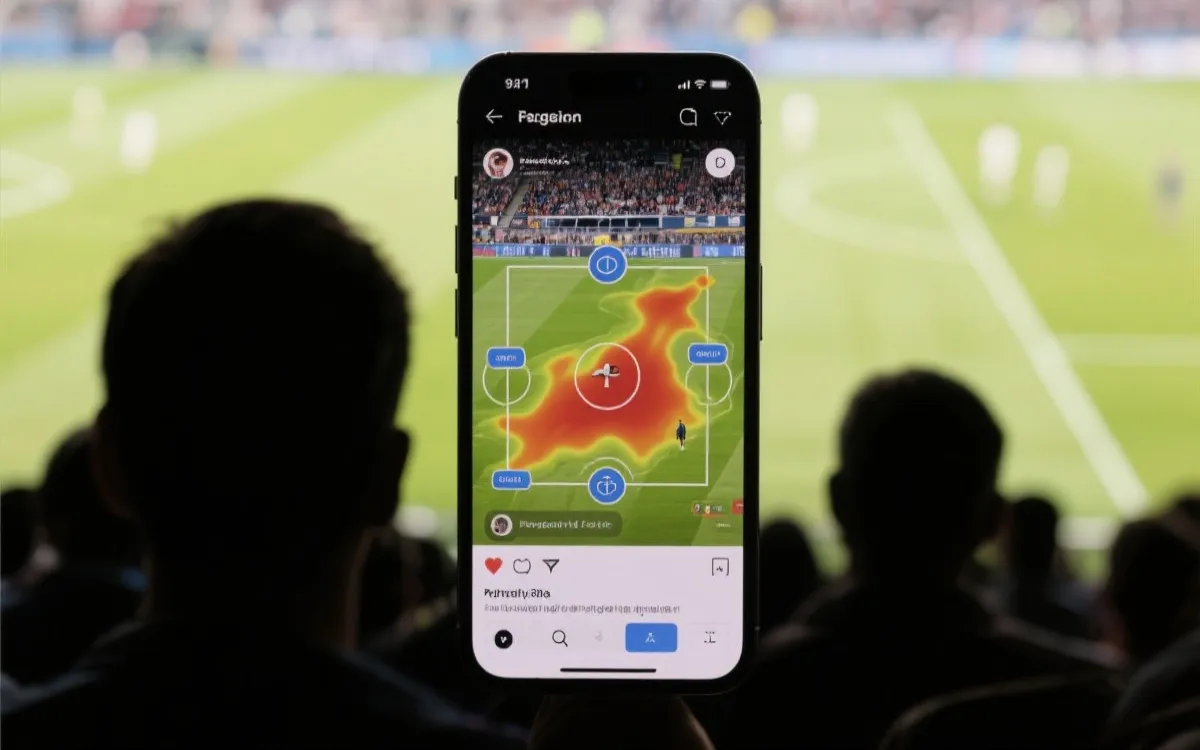 社交媒体时代的世界杯决赛讨论场景：手机屏幕上的战术热图与观众剪影
