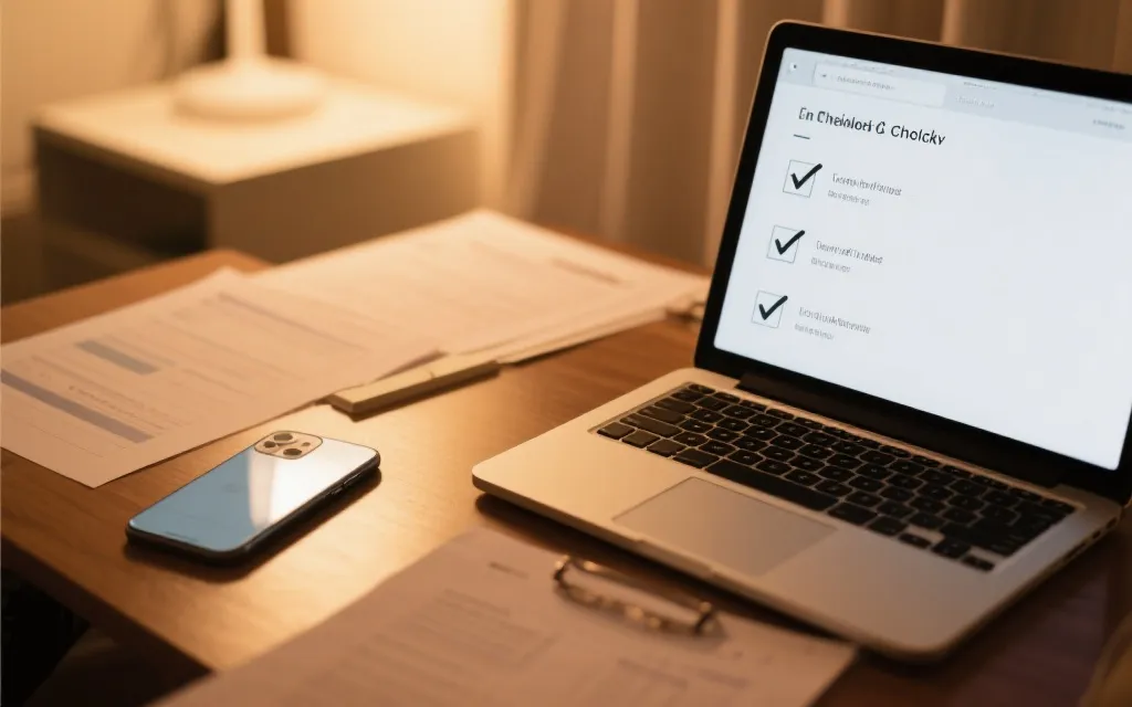 桌面上摊开笔记本与手机，逐项勾选购票检查清单的画面